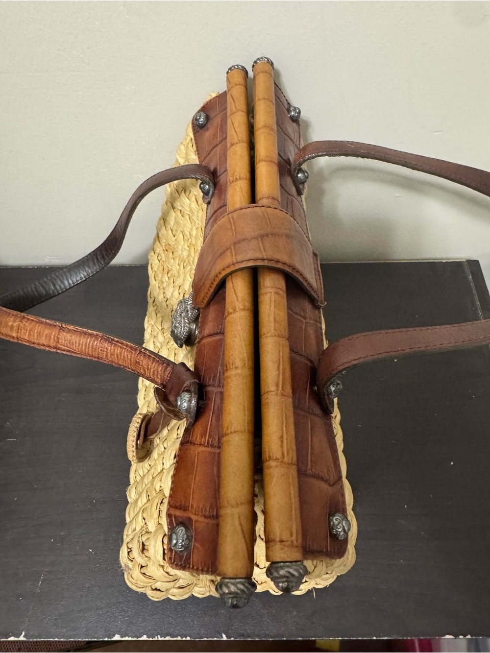 VTG Brighton Ruth Woven Straw Leather Dr Satchel Purse EUC - Picture 6 of 11